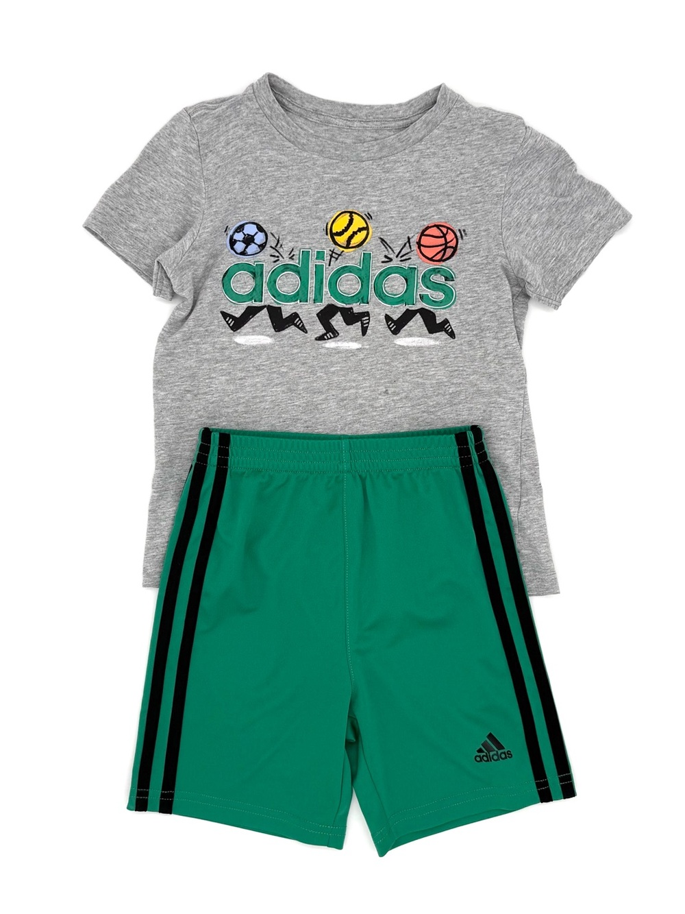 GUC Adidas Little Boys Ball Print Short Sleeve Tee & Short Set in Green Gray 5